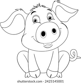 Black and white drawing of a happy piglet