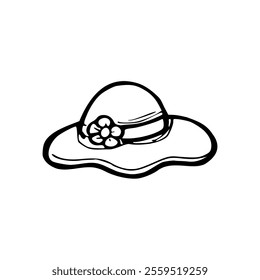 A black and white drawing of a hat with a flower