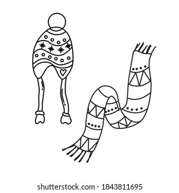 Black  and white drawing of a hat and a scarf. Clip art. Suitable for postcards, flyers, banners, invitations. Vector illustration for art therapy, antistress coloring book for adults and children.