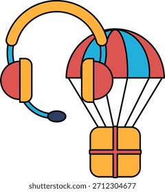 Eine schwarz-weiße Zeichnung eines Headsets und eines Ballons. Der Ballon hat die Form eines Fallschirms und das Headset ist darauf. Die Zeichnung vermittelt Abenteuer und Spannung