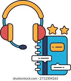 Eine schwarz-weiße Zeichnung eines Headsets und ein Buch mit einem Stern darauf. Die Zeichnung vermittelt die Idee von Kommunikation und Lernen