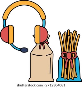 Eine schwarz-weiße Zeichnung eines Headsets und einer Flasche Gummibänder. Die Zeichnung vermittelt ein Gefühl von Organisation und Bereitschaft