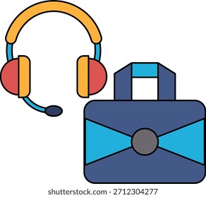 Eine schwarz-weiße Zeichnung eines Headsets und einer Aktentasche. Die Aktentasche ist offen und das Headset befindet sich darüber