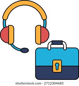 Eine schwarz-weiße Zeichnung eines Headsets und einer Aktentasche. Die Aktentasche ist offen und das Headset befindet sich darüber