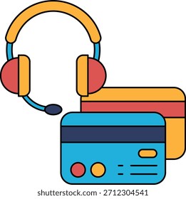 Eine schwarz-weiße Zeichnung eines Headsets, einer Kreditkarte und eines Mikrofons. Konzept einer professionellen Umgebung, wie ein Call Center oder ein Aufnahmestudio. Die Verwendung eines Headsets