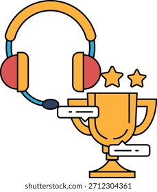 Un dibujo en blanco y negro de un auricular y una taza con tres estrellas. El dibujo transmite la idea de logro y éxito