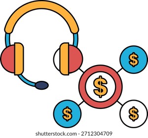 Eine schwarz-weiße Zeichnung eines Headsets und eines Dollarzeichens. Das Dollarzeichen ist von vier weiteren Dollarzeichen umgeben, wodurch ein Muster entsteht. Konzept von Geld und Kommunikation