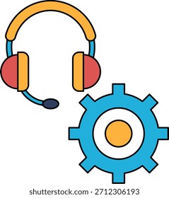 Eine Schwarz-Weiß-Zeichnung eines Headsets und einer Ausrüstung. Das Getriebe befindet sich in der Bildmitte und das Headset befindet sich auf der linken Seite. Konzept von Technologie und Kommunikation