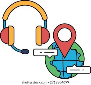 Un dibujo en blanco y negro de un auricular y un globo terráqueo con un mapa. El dibujo transmite la idea de comunicación y conectividad global
