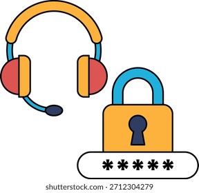 Eine schwarz-weiße Zeichnung eines Headsets und eines Schlosses. Das Schloss ist auf einer Tastatur mit vier Zahlen