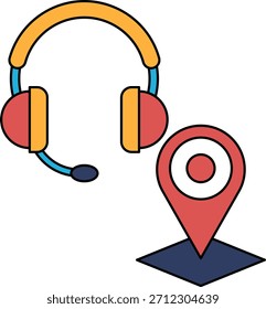 Eine schwarz-weiße Zeichnung eines Headsets und einer Karte mit einem kleinen Punkt in der Mitte. Die Zeichnung vermittelt die Idee, dass eine Person ein Headset verwendet, während sie mit einer Karte navigiert