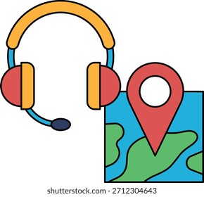 Eine schwarz-weiße Zeichnung eines Headsets und einer Karte. Die Karte ist ein einfacher Umriss einer Stadt mit einem Punkt in der Mitte. Die Zeichnung vermittelt die Idee von Kommunikation und Navigation