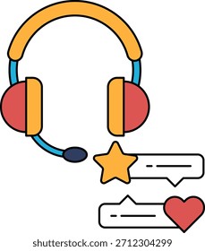 Eine schwarz-weiße Zeichnung eines Headsets mit einem Mikrofon und einem Stern. Die Zeichnung besteht aus einem Headset mit einem Mikrofon und einem Stern, der ein Mikrofon oder eine Sternbewertung darstellen könnte