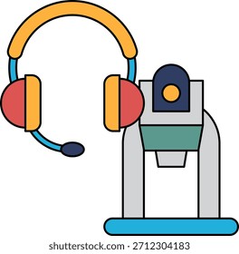 Un dibujo en blanco y negro de un auricular y un robot. El robot está en un soporte y el auricular está encima de él. El dibujo transmite la idea de tecnología y comunicación