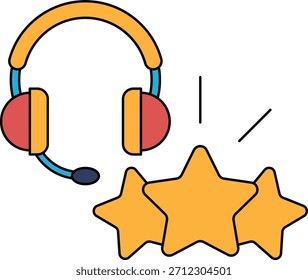 Eine schwarz-weiße Zeichnung eines Headsets mit einem Stern und drei Sternen. Die Zeichnung besteht aus einem Headset mit einem Mikrofon und einem Stern darauf. Die drei Sterne befinden sich um das Headset