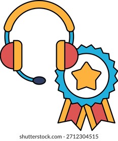 Eine schwarz-weiße Zeichnung eines Headsets und eines Sterns. Das Headset befindet sich auf der linken Seite des Bildes und der Stern auf der rechten Seite. Konzept der Anerkennung oder Leistung