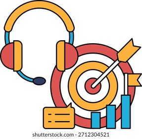 Eine Schwarz-Weiß-Zeichnung eines Headsets und eines Ziels mit einer Zielscheibe. Die Zeichnung ist von einer Person, die ein Headset trägt und auf ein Ziel zielt. Konzept von Fokus und Konzentration