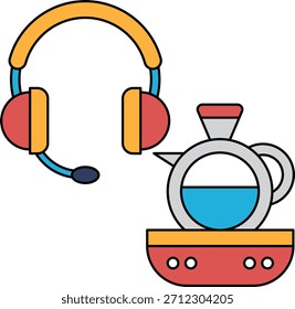 Eine schwarz-weiße Zeichnung eines Headsets und einer Teekanne. Die Teekanne sitzt auf einem Tisch neben dem Headset