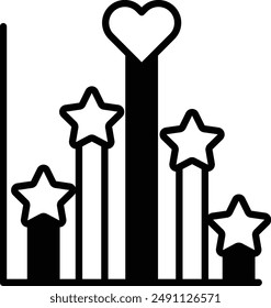 Dibujo en blanco y negro de un corazón rodeado de cinco estrellas. El gráfico es una representación de un sistema de clasificación, con el corazón y las estrellas que indican los mejores desempeños