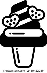 A black and white drawing of a heart shaped ice cream cone with a heart shaped cookie on top