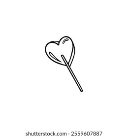 A black and white drawing of a heart shaped lollipop