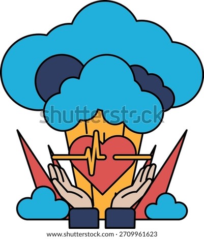 A black and white drawing of a heart surrounded by hands and a cloud. The heart is surrounded by a heart monitor and a heart rate monitor. The cloud is dark and ominous