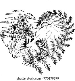 Black and white drawing of the heart, in which dandelions, fern, sunset, mountains, clouds, trees.