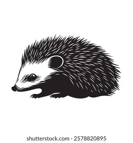 A black and white drawing of a hedgehog