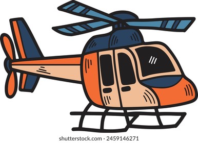 A black and white drawing of a helicopter. The helicopter is drawn in a cartoon style and has a playful, whimsical feel to it. The drawing is simple and easy to understand