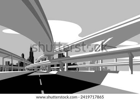 Black and white drawing of highway overpass and city skyline. Modern urban life and futuristic vector illustration