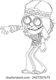 Black and white drawing of a hippie character