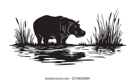 A black and white drawing of a hippo standing in a body of water