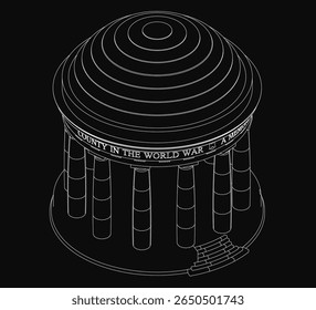 Um desenho preto e branco de um edifício histórico apresenta a inscrição Condado na Segunda Guerra Mundial, situado contra um fundo escuro. O design do memorial evoca uma atmosfera solene e nostálgica.