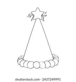 Black and white drawing of a holiday cap with a star on top. The cap has a wavy edge and is decorated with three ribbons hanging from the sides