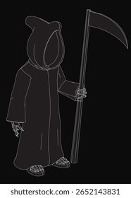Um desenho preto e branco de uma figura encapuzada segurando uma foice, simbolizando a morte. O fundo escuro realça a atmosfera misteriosa e misteriosa. O sombreamento detalhado acrescenta profundidade ao sinistro.