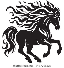 a black and white drawing of a horse with a mane of hair.