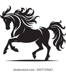 a black and white drawing of a horse with a mane and tail.