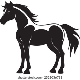 A black and white drawing of a horse with a black mane