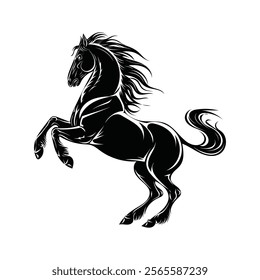 A black and white drawing of a horse with a mane and tail.