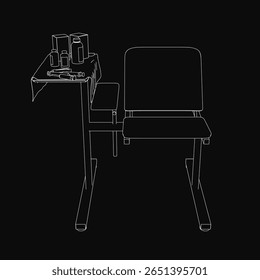 Um desenho preto e branco de uma cadeira de hospital com uma mesa na frente, itens dispersos. O fundo escuro cria uma atmosfera misteriosa.