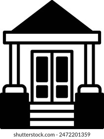 A black and white drawing of a house with a porch. The house has a triangular roof and a porch with pillars