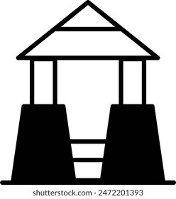 A black and white drawing of a house with a roof. The house is surrounded by a fence and has a porch