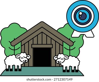A black and white drawing of a house with two sheep in front of it. The sheep are sleeping and the house is surrounded by trees