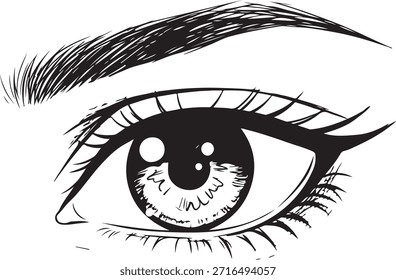 Dibujo en blanco y negro de un ojo humano con una ceja detallada, ilustración estilizada de un ojo con pestañas largas e iris definido, perfecto para conceptos de maquillaje, belleza o diseño de tatuajes