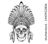 Black and white drawing of a human skull in a Native American hat. Tribal doodle picture. Front view. Tribal vector images for tattoos, printing on T-shirts, cups, coloring and your creativity