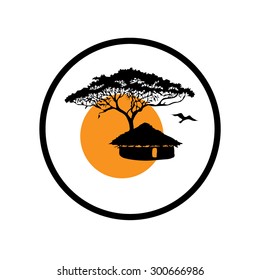 Black and white drawing, icon with a Tropical Tree, African Hut, Sun.