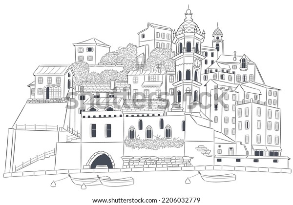 Black White Drawing Italian Village Vernazza Stock Vector (Royalty Free ...