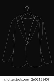 A black and white drawing of a jacket hanging on a hanger. The jacket is a long sleeved, black, and white jacket with a collar