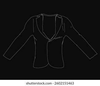A black and white drawing of a jacket. The jacket is long sleeved and has a collar
