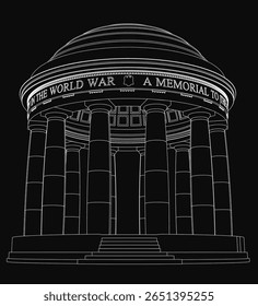 A black and white drawing of the Jefferson Memorial in Washington, DC, featuring engraved text that reads In the World War I Memorial. The detailed sketch highlights the memorial's neoclassical.